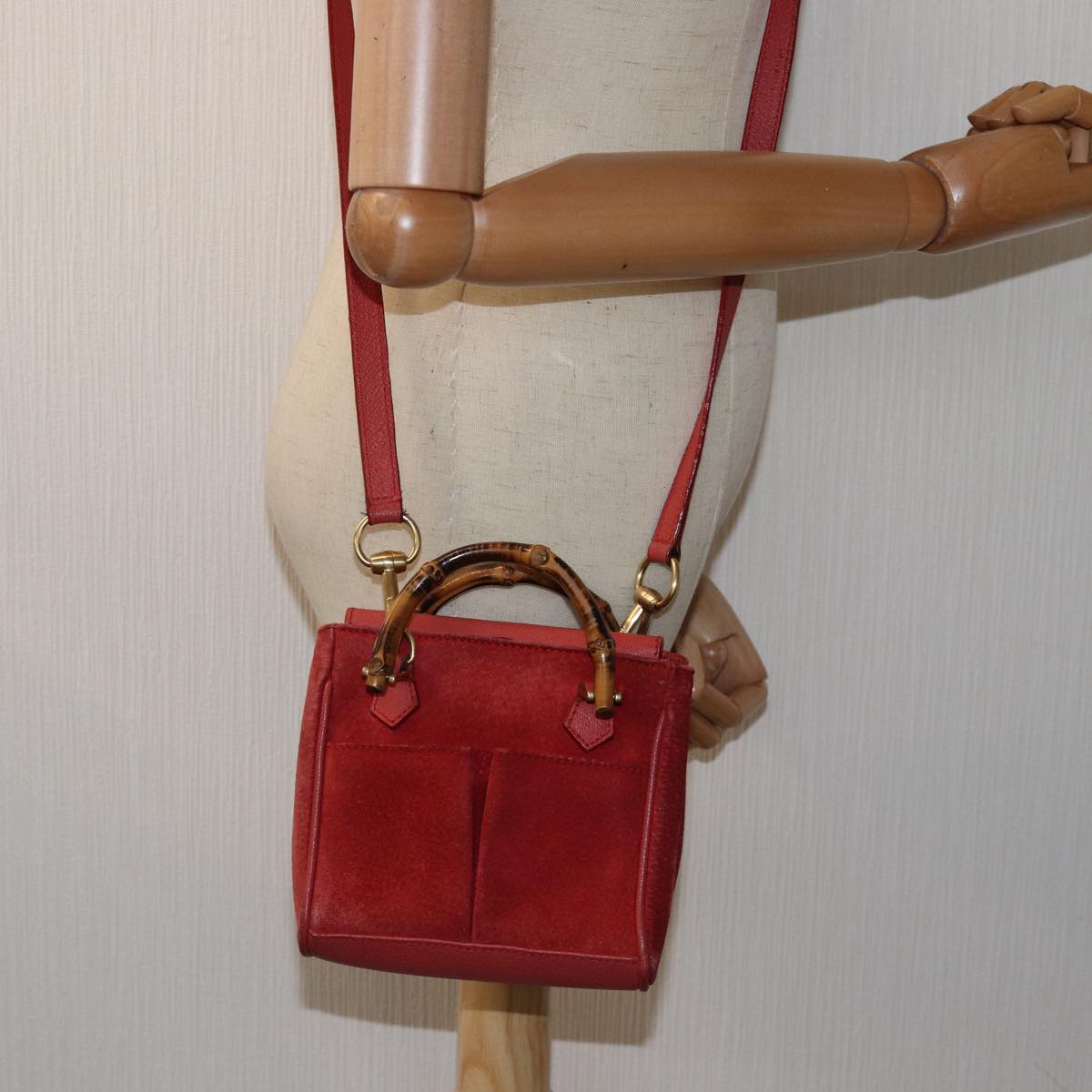 GUCCI Bamboo Hand Bag Suede 2way Red 007 123 0238 76831