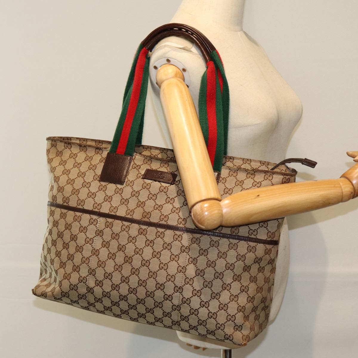 GUCCI GG Canvas Web Sherry Line Tote Bag Beige Red Green 155524 76844