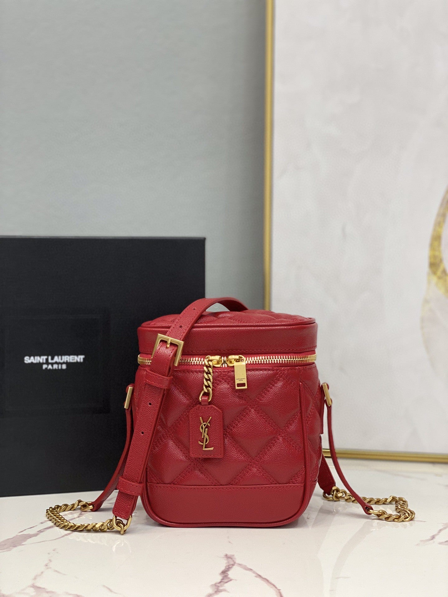 YSSL 80’s Vanity Bag In Carré-Quilted Grain De Poudre Red For Women 6.4in/16.5cm YSL 649779DME276805