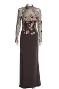 Reem Acra Grey Multi Color Sequin Floral Evening Gown SZ S/M