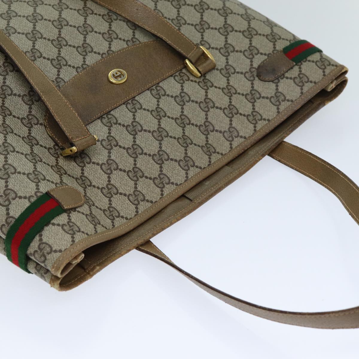 GUCCI GG Supreme Web Sherry Line Tote Bag PVC Beige Red 39 02 091 77021