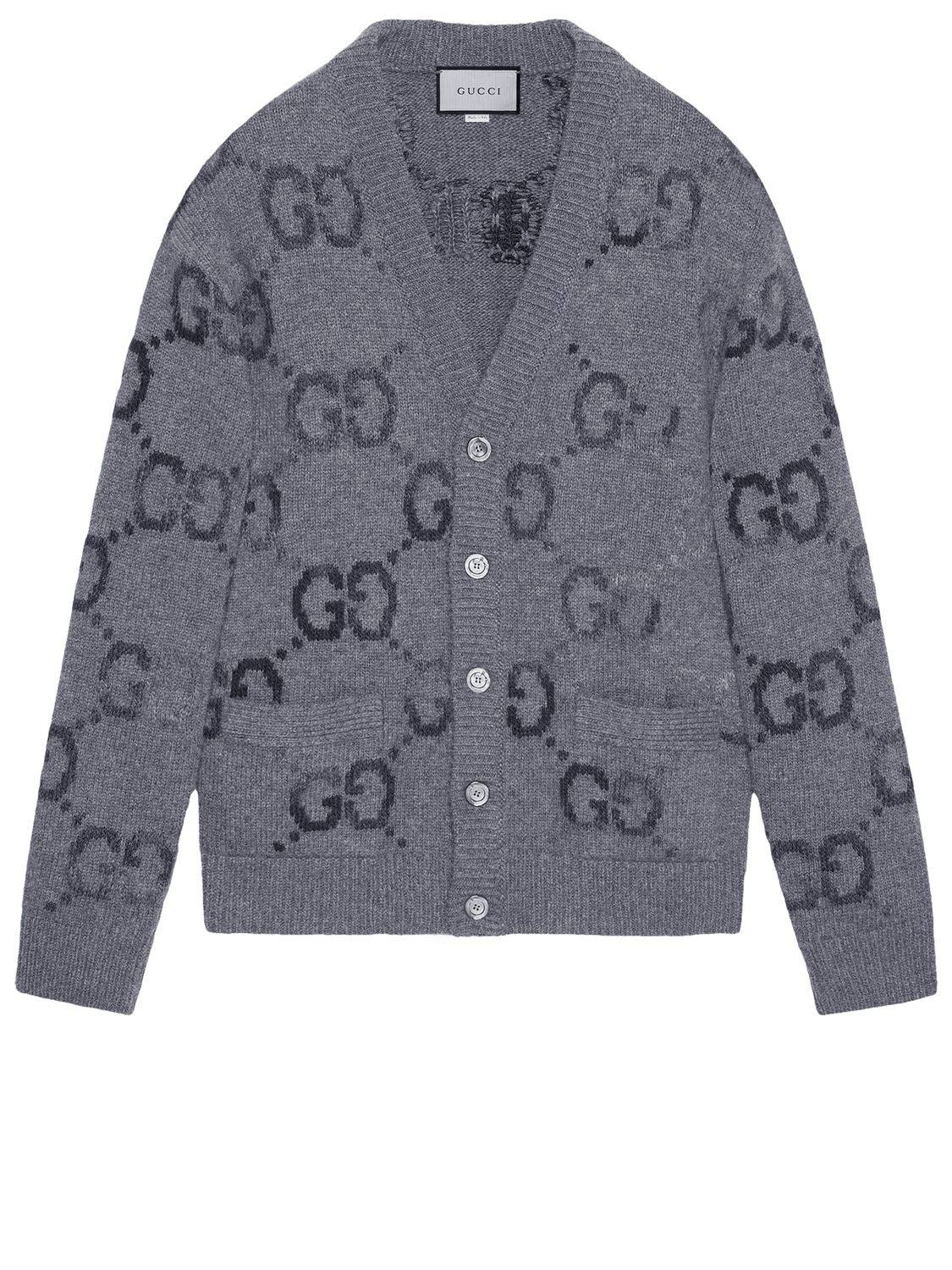 GUCCI Men's Grey Wool Cardigan with All-Over GG Intarsia