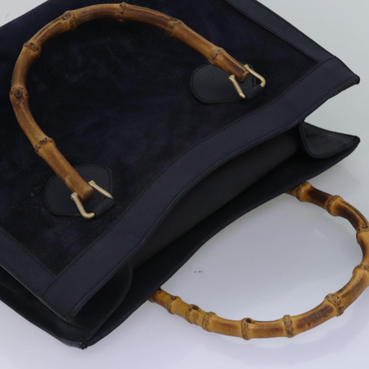GUCCI Bamboo Hand Bag Suede Navy 77669