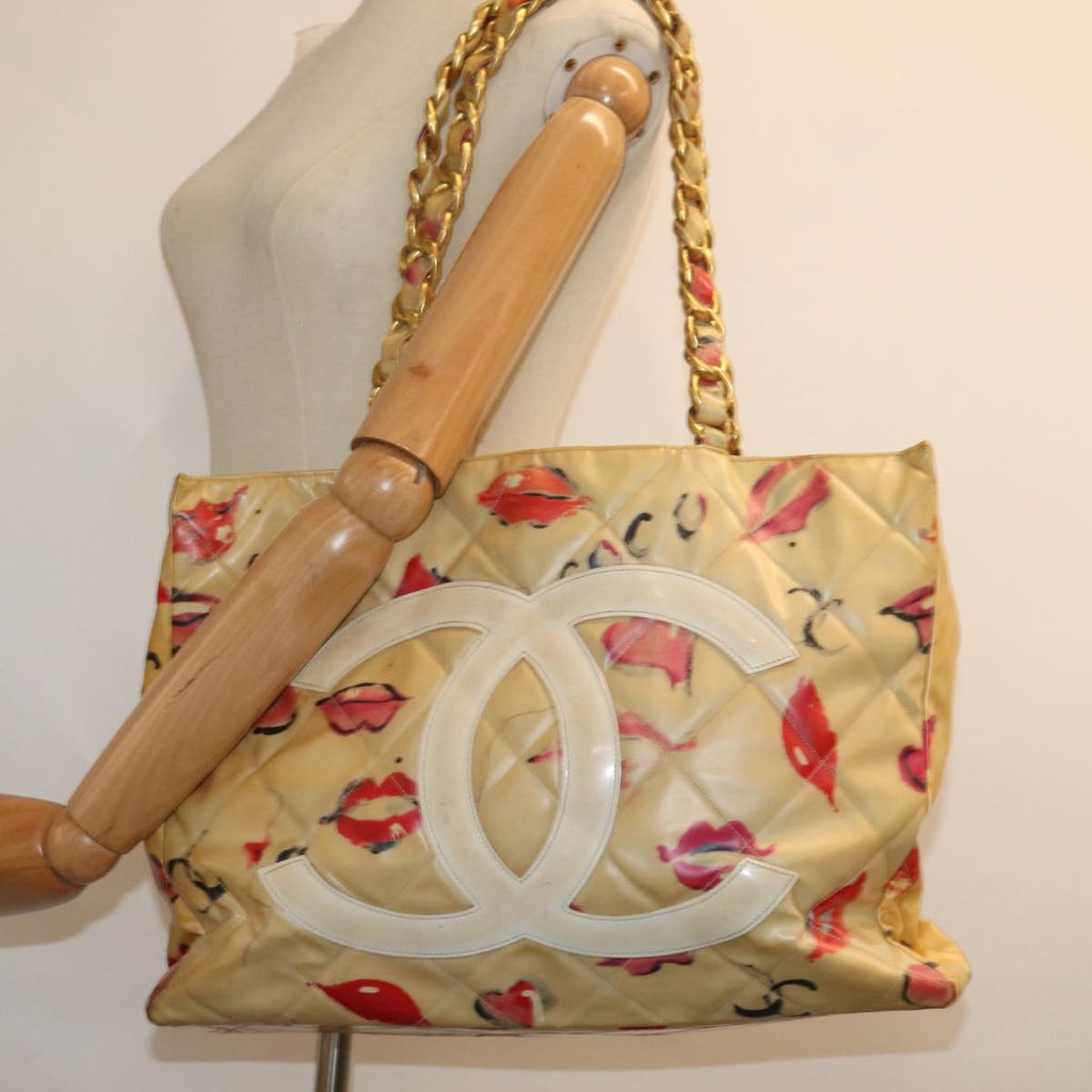 CHANEL Chain Tote Bag Vinyl White CC 77840