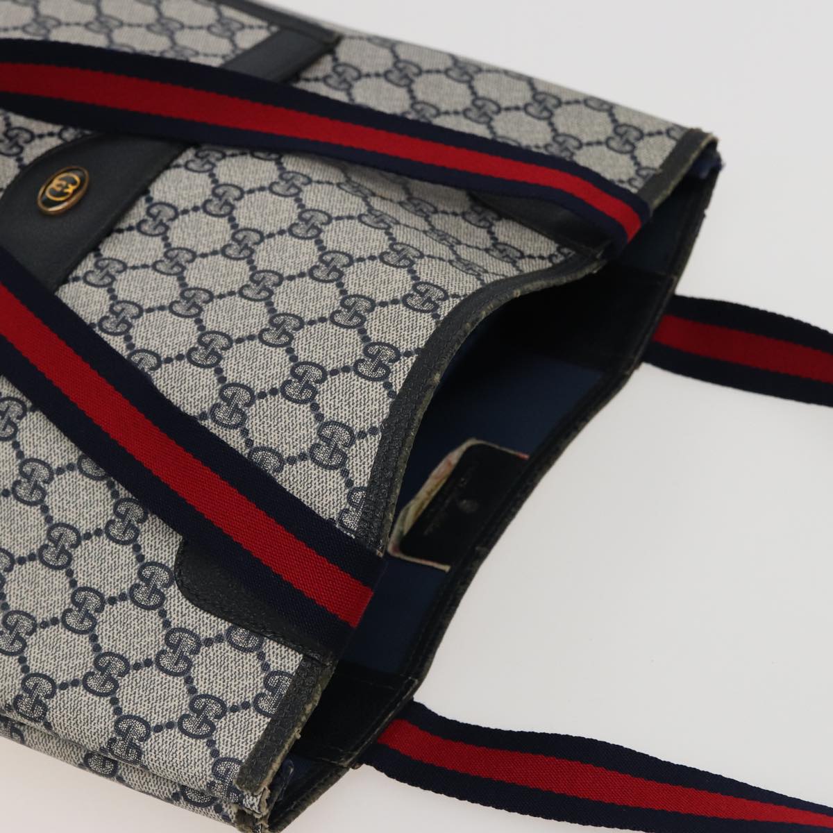 GUCCI GG Supreme Sherry Line Tote Bag PVC Leather Navy Red 39 02 003 78244