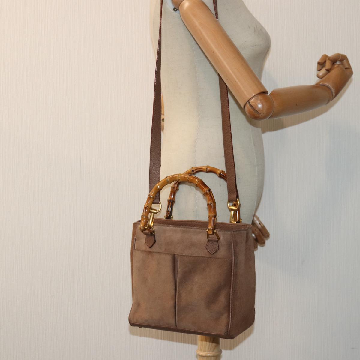 GUCCI Bamboo Hand Bag Suede 2way Brown Gold 78573