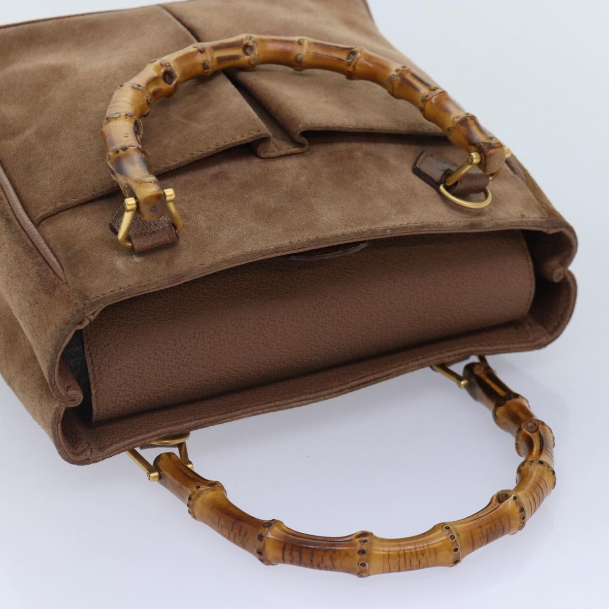 GUCCI Bamboo Hand Bag Suede 2way Brown Gold 78573