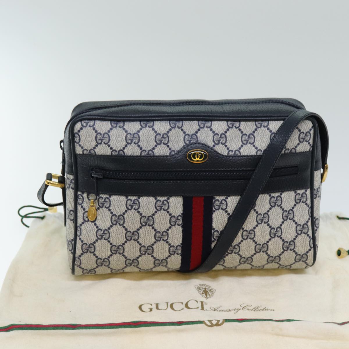 GUCCI GG Supreme Sherry Line Shoulder Bag PVC Navy Red 32 02 005 78758