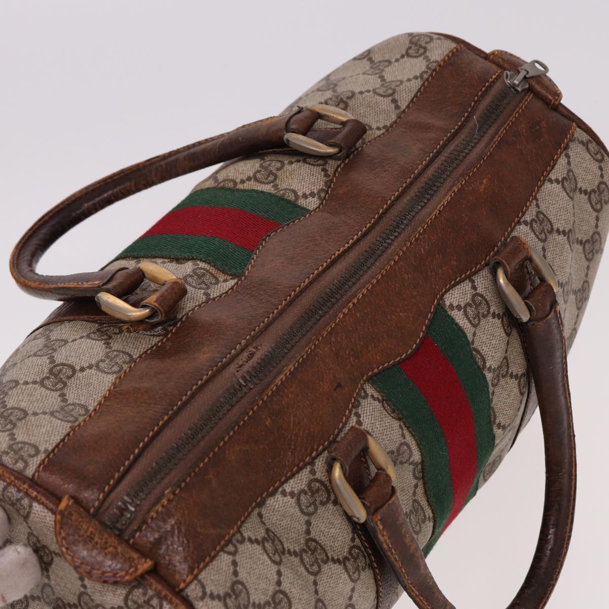 GUCCI GG Supreme Web Sherry Line Boston Bag PVC Beige Red Green 78775