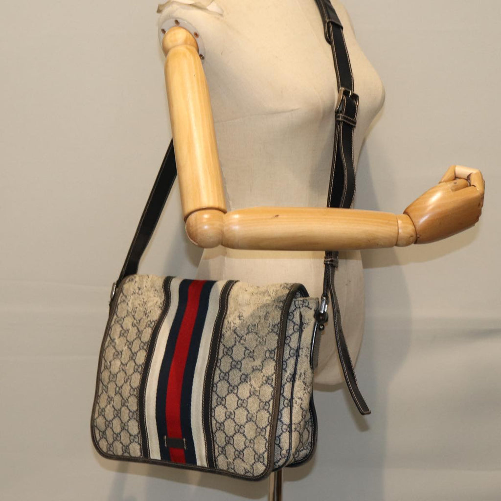 GUCCI GG Supreme Sherry Line Shoulder Bag PVC Leather Beige Navy 79288