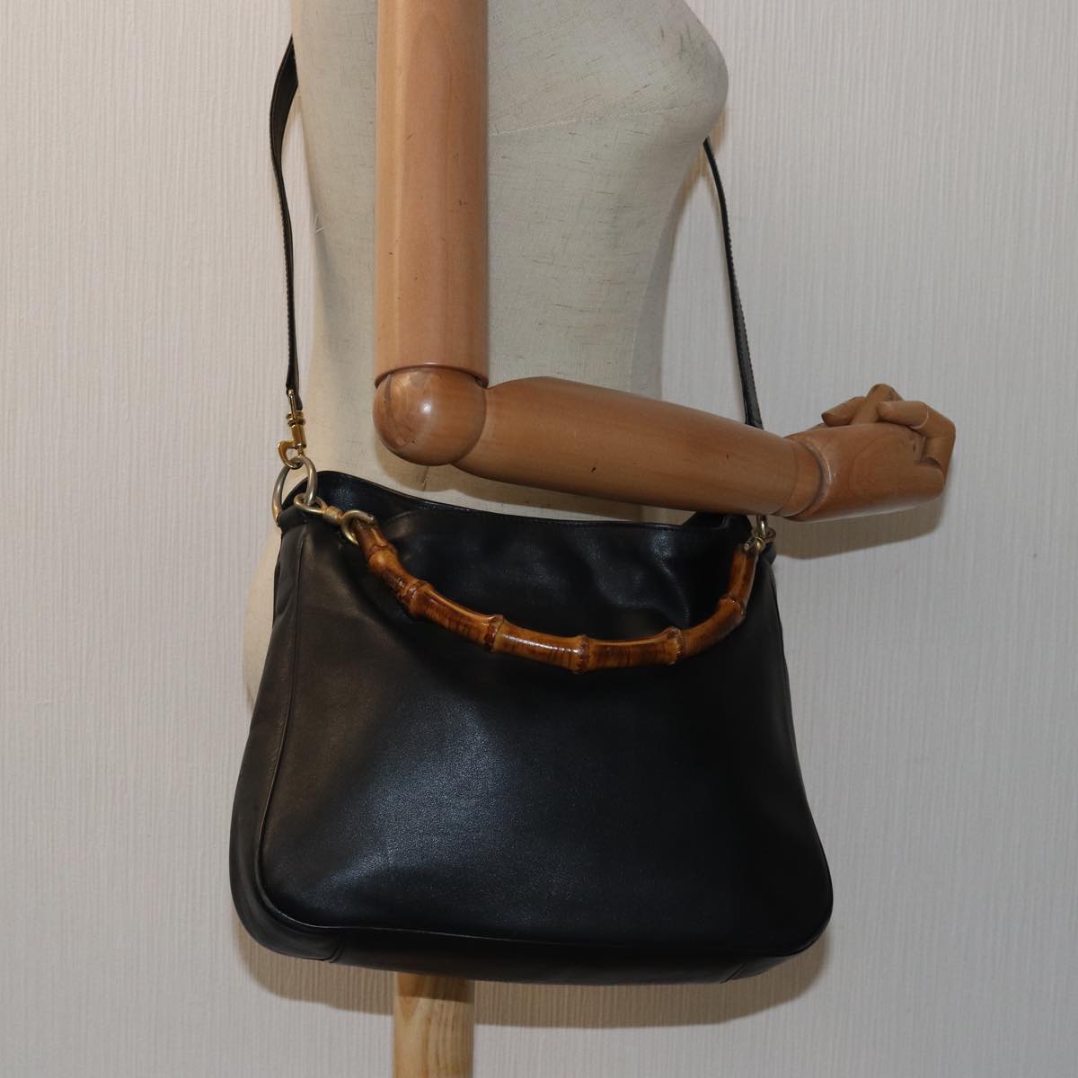 GUCCI Bamboo Hand Bag Leather 2way Black 000 1448 1638 79317