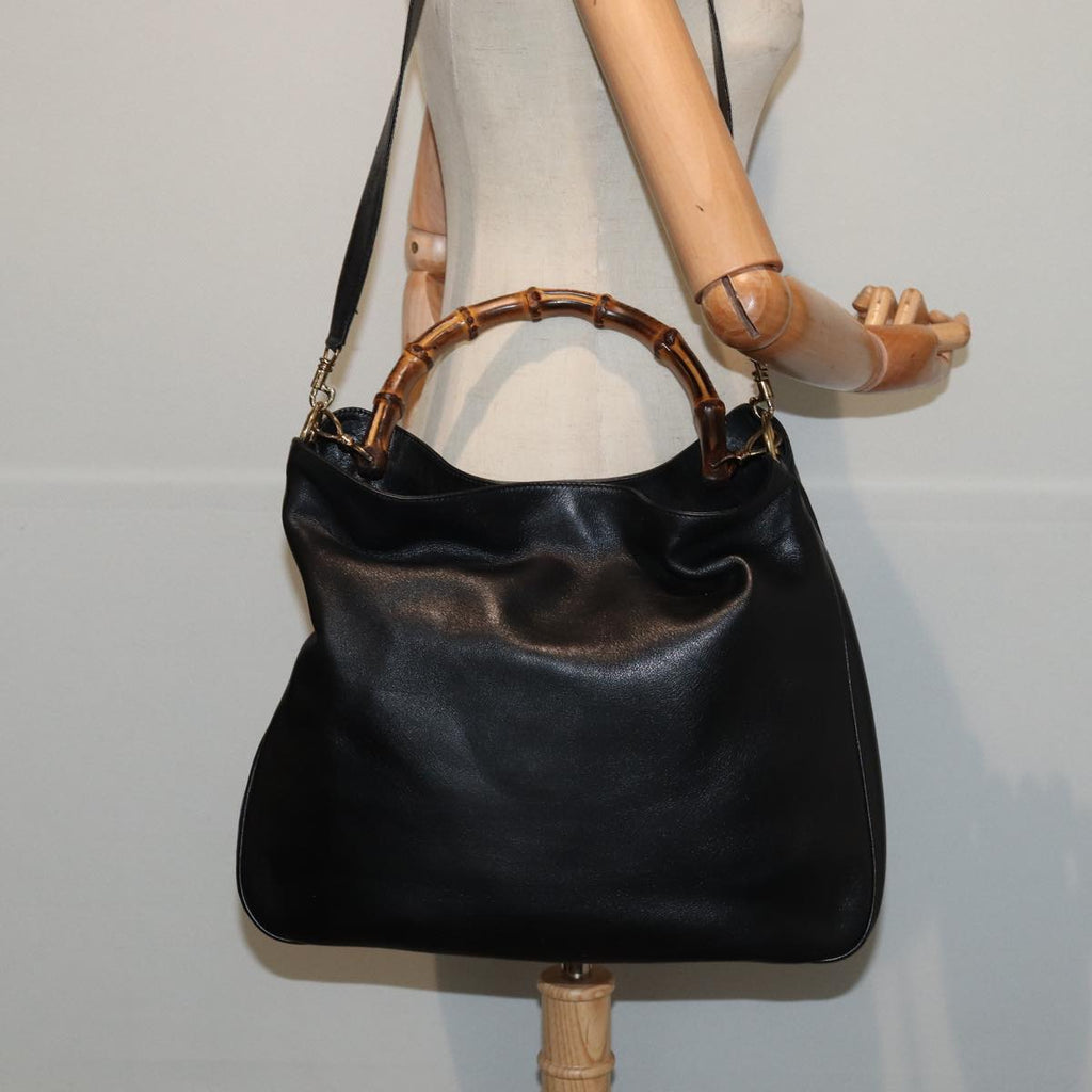 GUCCI Bamboo Hand Bag Leather 2way Black 001 1998 1577 79444