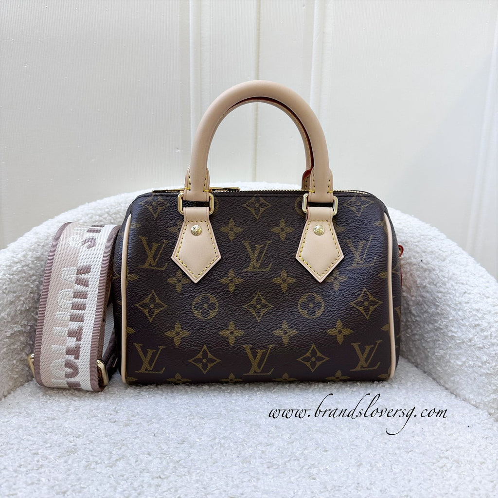 LV Speedy Bandouliere 20 in Monogram Canvas and Beige Patterned Strap