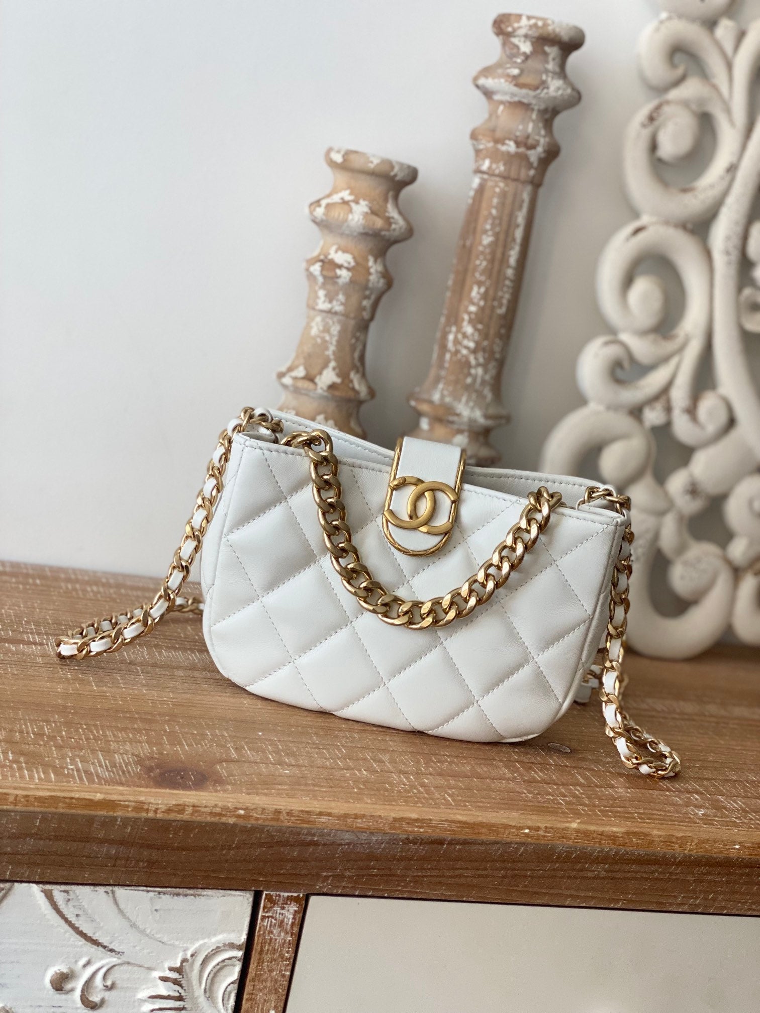 CHLSmall Hobo Bag Gold Hardware White For Women, Women’s Handbags, Shoulder Bags 7.5in/19cm