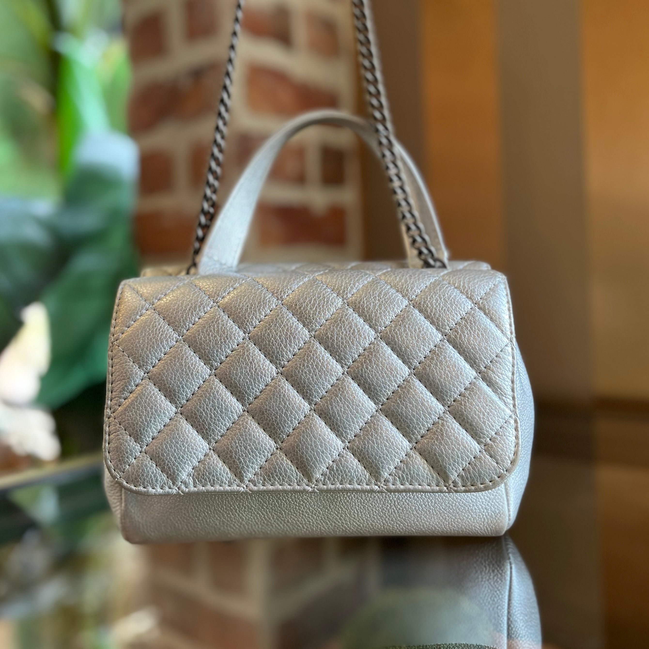 CHANEL Pilot Essentials Small Metallic Calfskin Quilted Top Handle