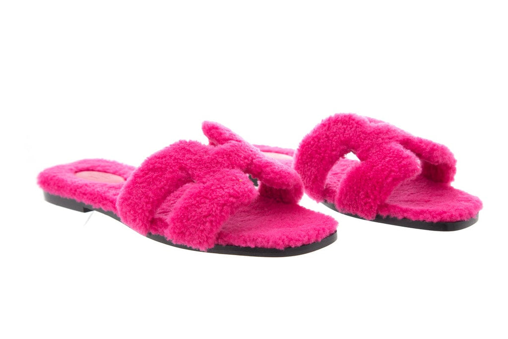 HermÃƒÆ’Ã‚Â¨s Oran Teddy Shearling Fun Pink Slides SZ 39.5