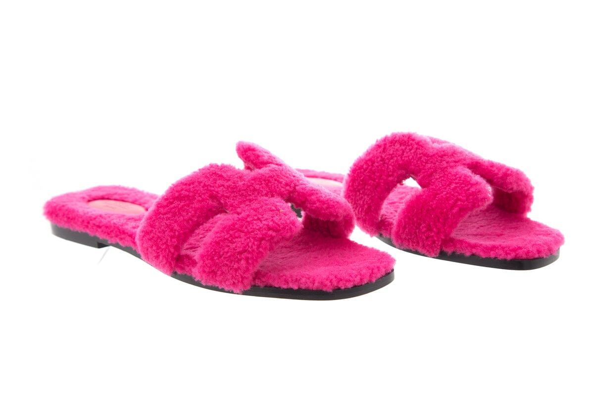HermÃƒÆ’Ã‚Â¨s Oran Teddy Shearling Fun Pink Slides SZ 39.5