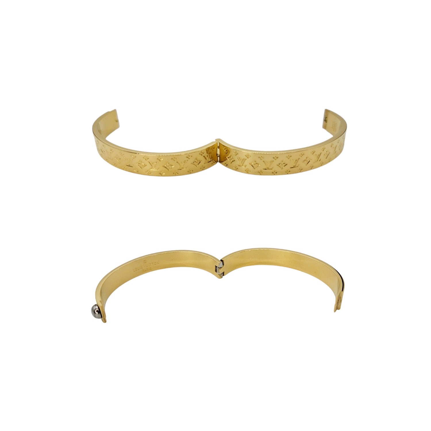 Louis Vuitton Gold Nanogram Hinged Cuff Bracelet Sz 6.5