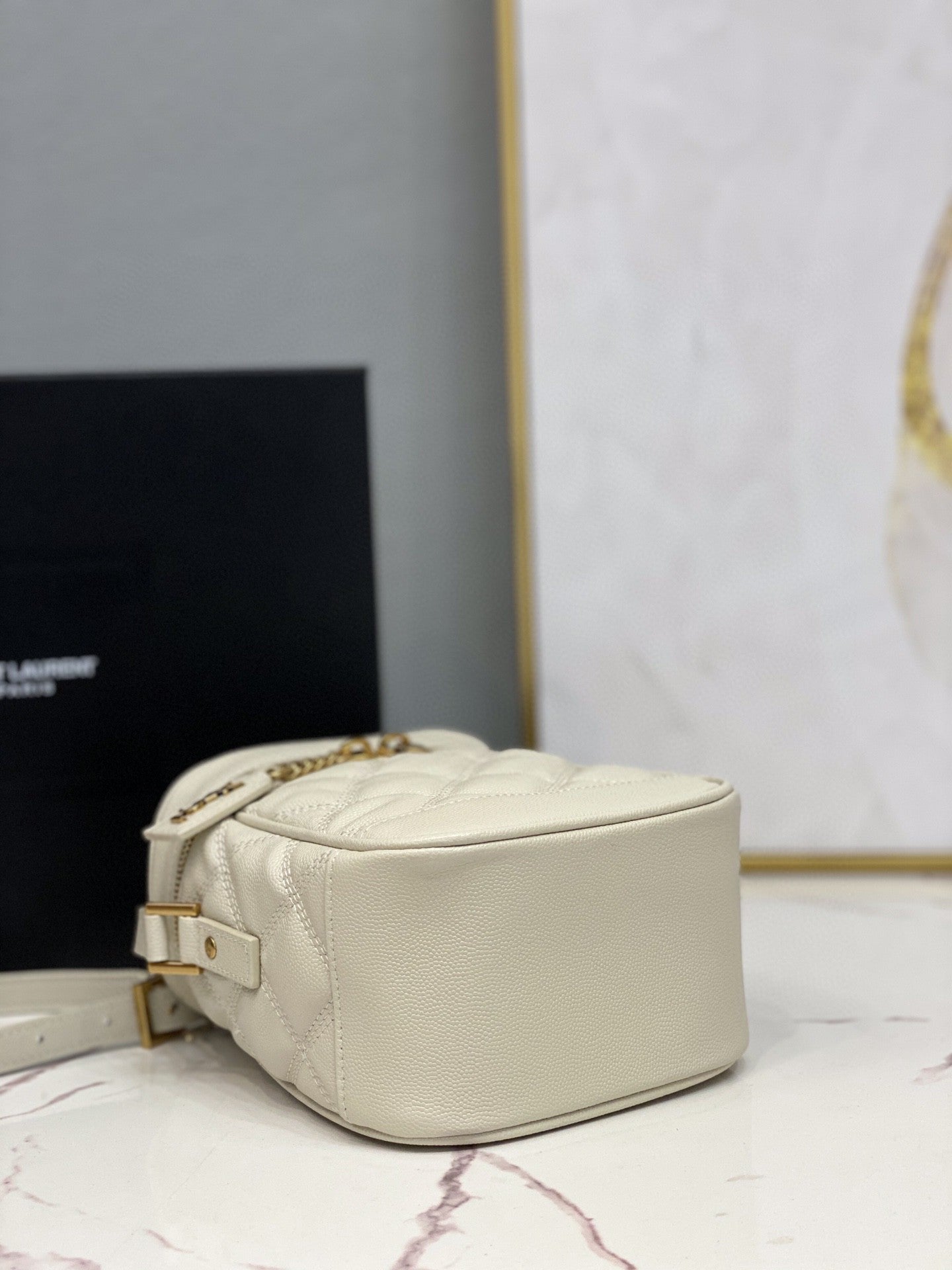 YSSL 80’s Vanity Bag In Carré-Quilted Grain De Poudre White For Women 6.4in/16.5cm YSL 649779DME279207