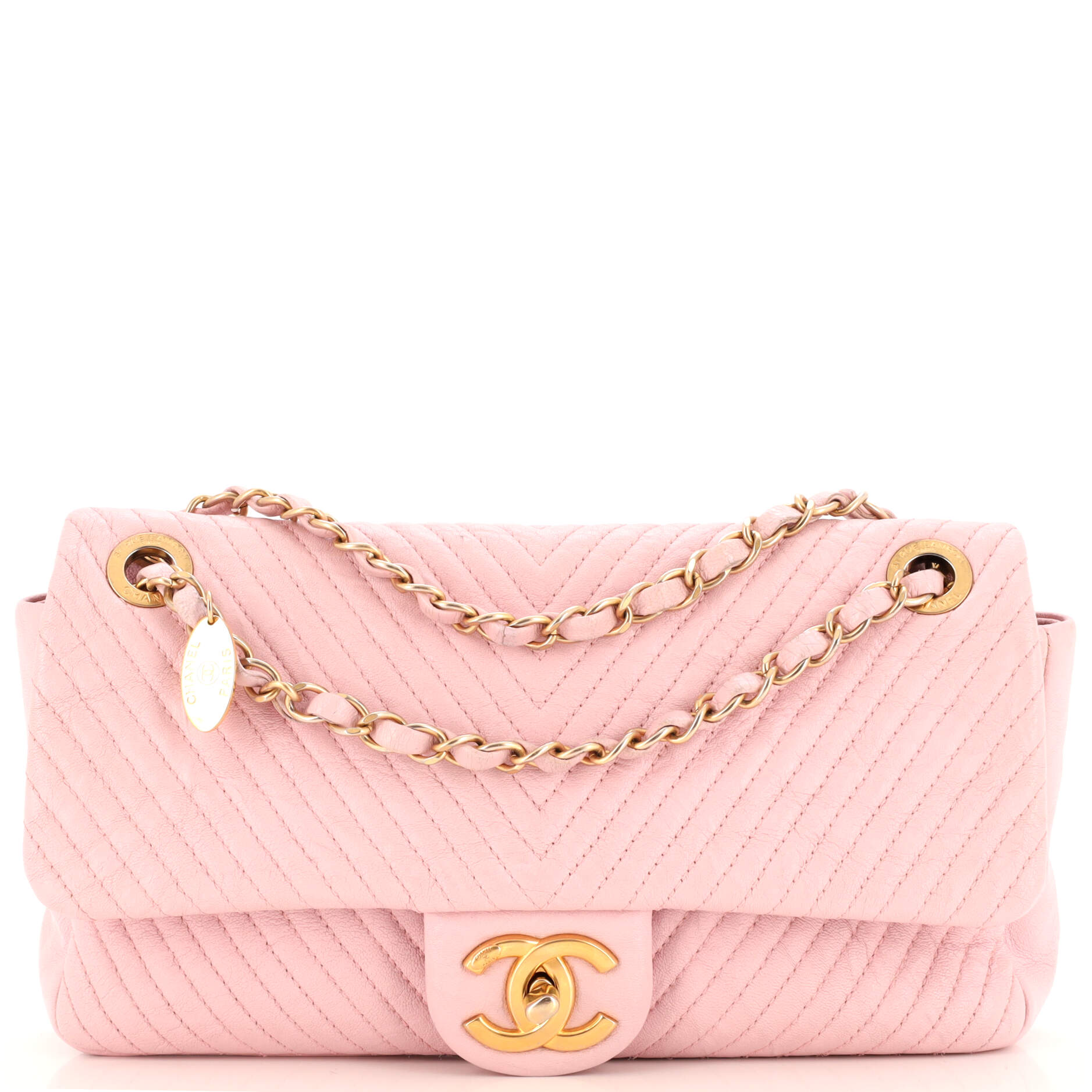 CHANEL Medallion Charm Flap Bag Chevron Wrinkled Lambskin Medium