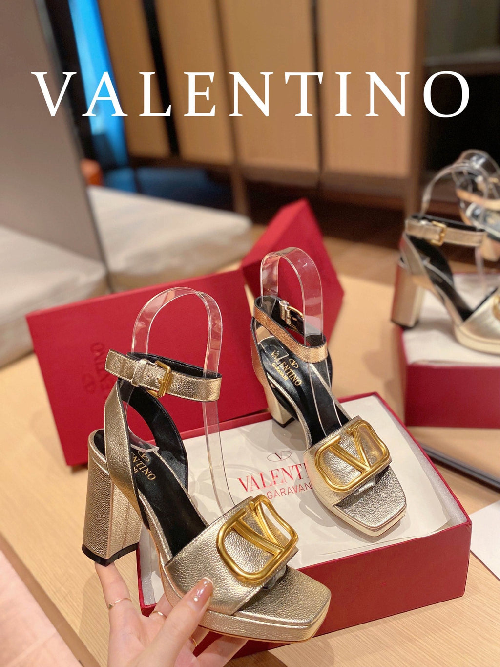 Valentino Garavani Strap Heeled Sandals With V Logo Signature EmbellisGLAMIent Gold For Women