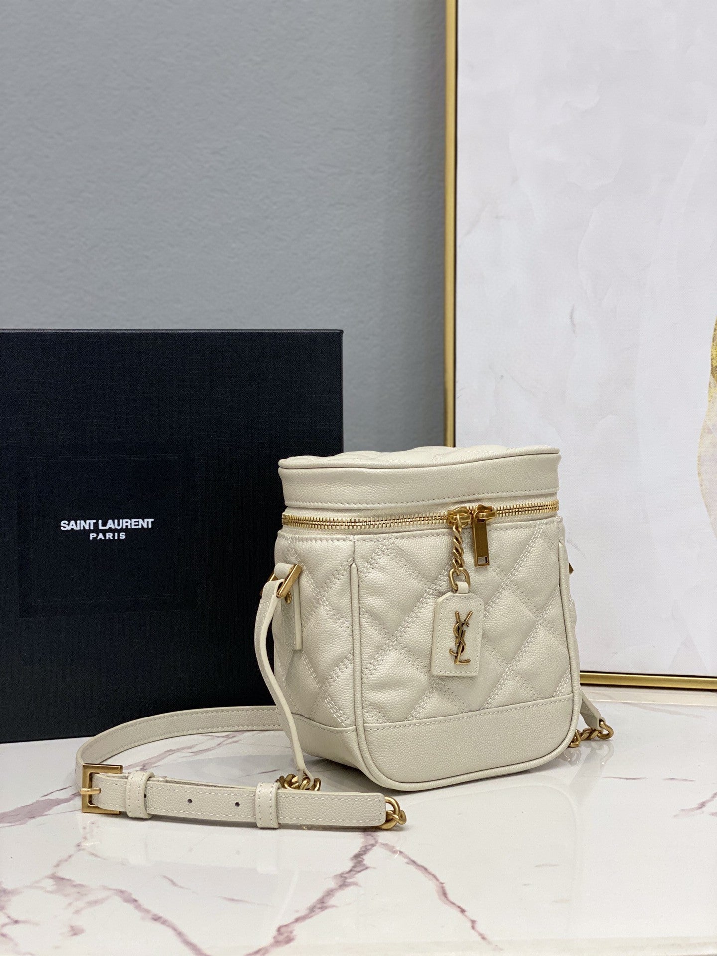 YSSL 80’s Vanity Bag In Carré-Quilted Grain De Poudre White For Women 6.4in/16.5cm YSL 649779DME279207