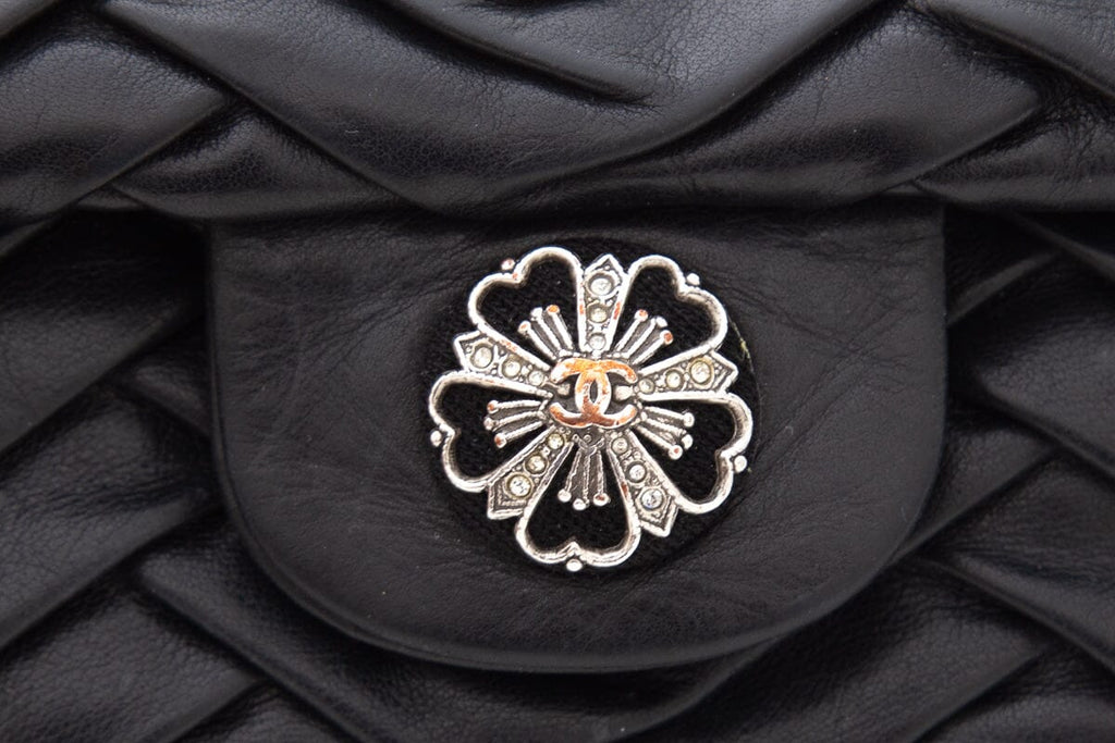 Chanel 2008 Black Lambskin Pleated Leather Single Flap Handbag