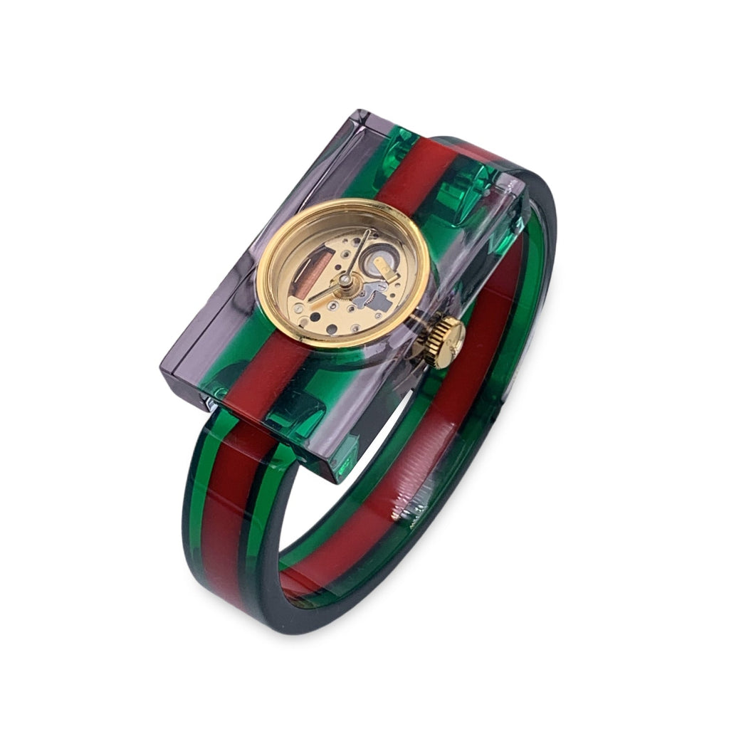 GUCCI Red Green Striped Plexi Web Watch 143.5 Skeleton Dial