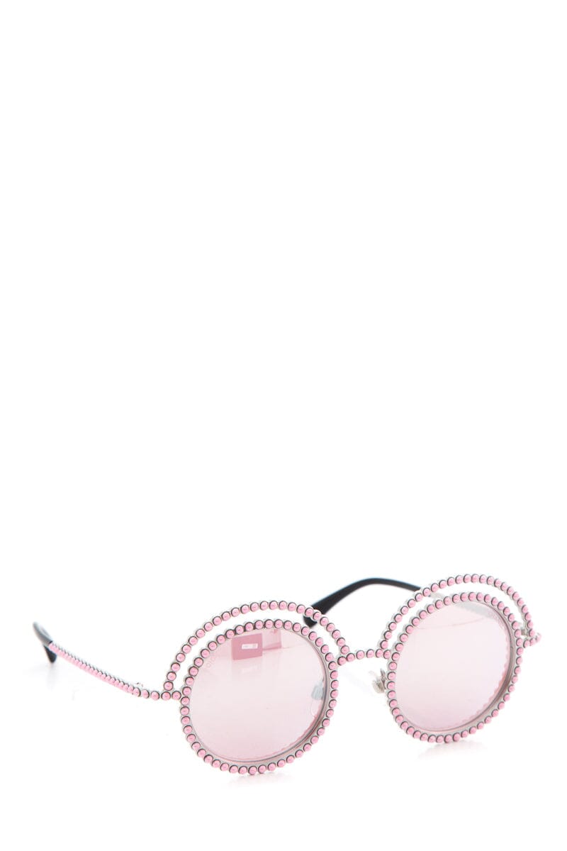 Chanel Pink Round Faux Pearl Embellished Sunglasses