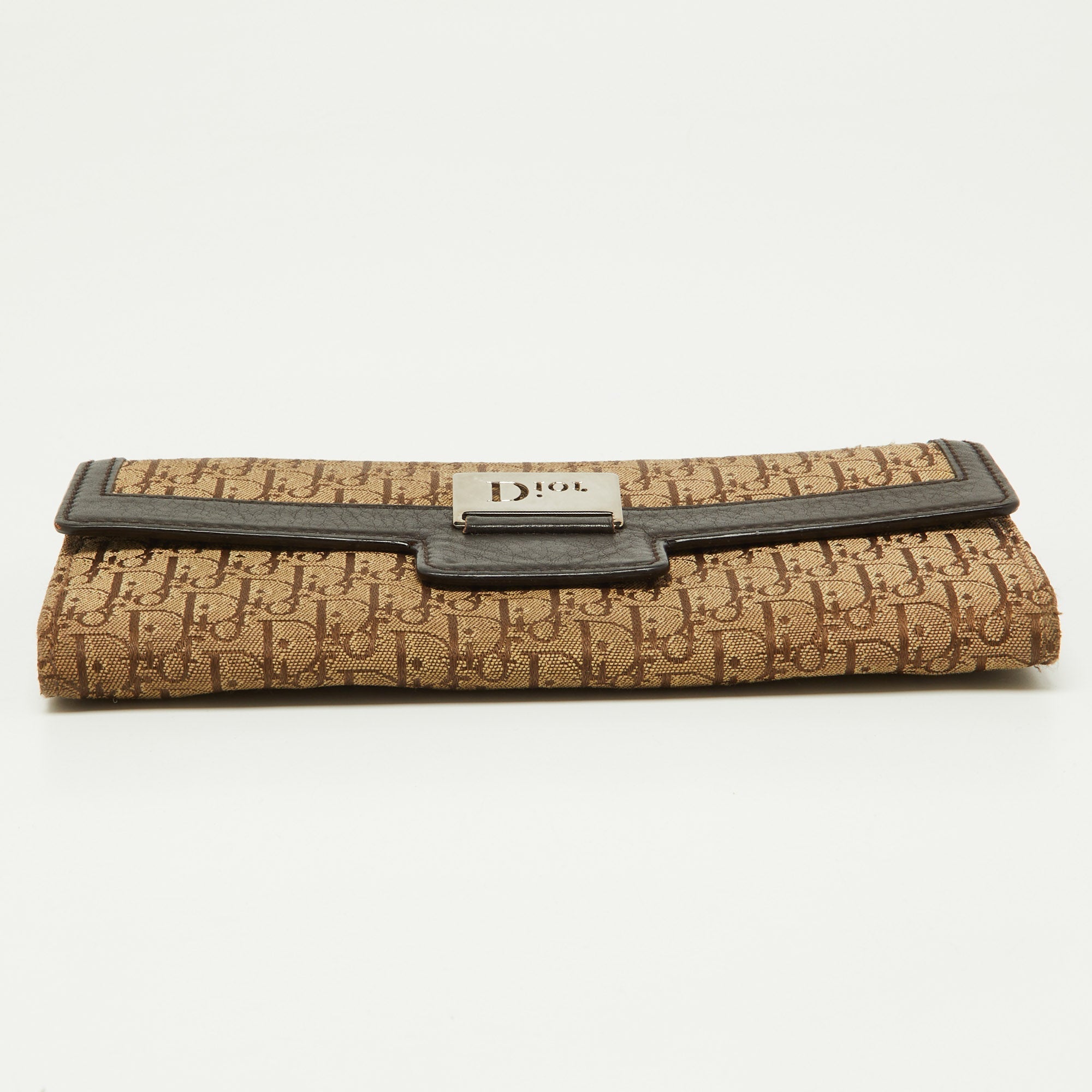 Dior Beige/brown Oblique Canvas And Leather Flap Continental Wallet