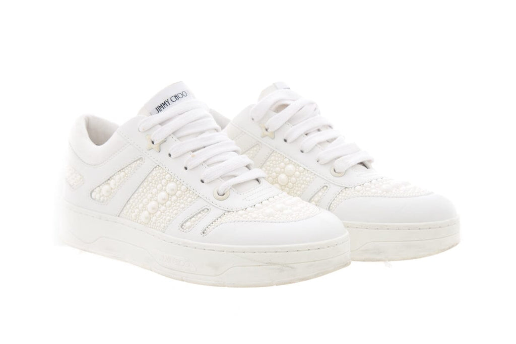 Jimmy Choo White Pearl Lace Up Sneakers SZ 39.5