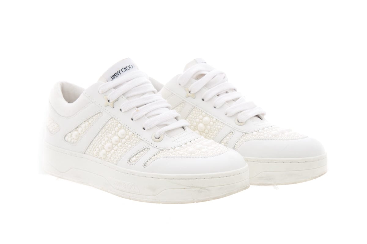 Jimmy Choo White Pearl Lace Up Sneakers SZ 39.5