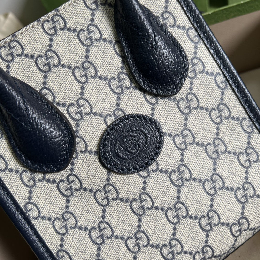 gg Mini Tote Bag With Interlocking G Beige And Blue gg Supreme Canvas For Women 7.8in/20cm 671623 K9GSN 4075