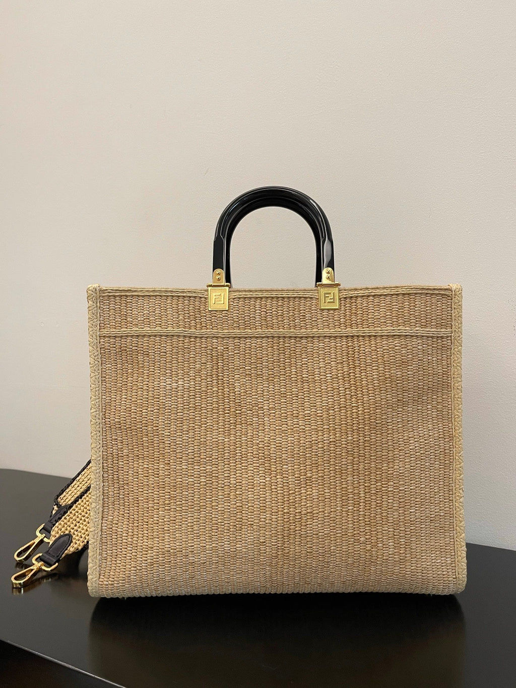 FI Sunshine MeGLAMIum Beige and Black straw shopper Bag For Woman 31cm/12in 8BH386AKRPF1CBX