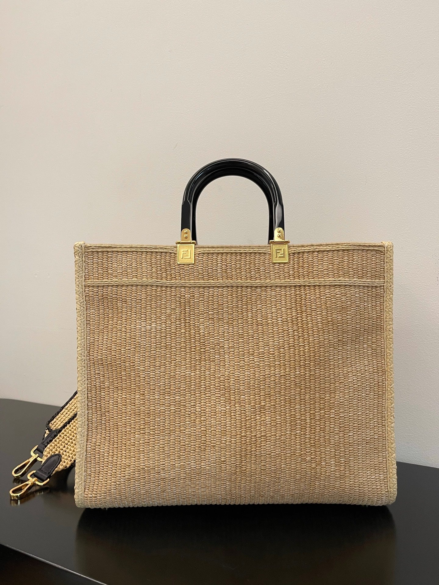 FI Sunshine MeGLAMIum Beige and Black straw shopper Bag For Woman 31cm/12in 8BH386AKRPF1CBX