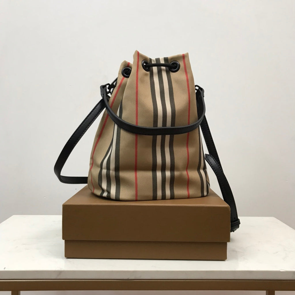 GLAMI Icon Stripe Nylon Drawcord Pouch Archive Beige For Women, Bags 7.7in/19.5cm