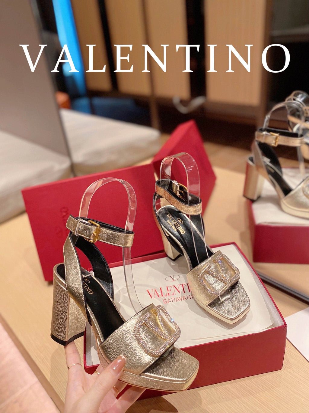 Valentino Garavani Strap Heeled Sandals With V Logo Crystal EmbellisGLAMIent Gold For Women