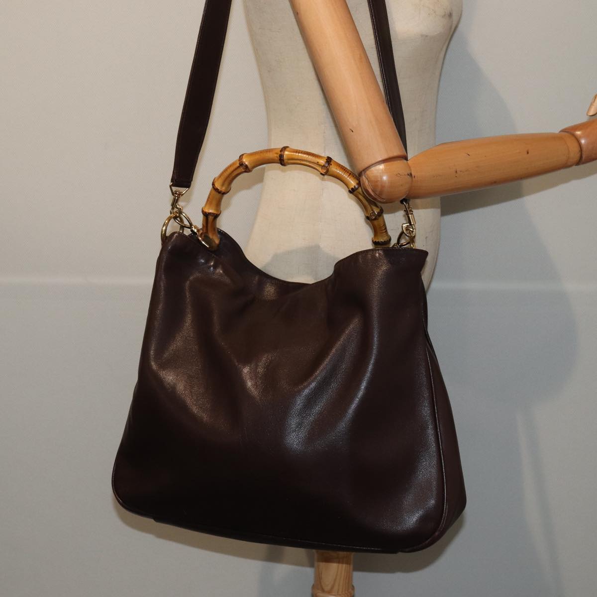 GUCCI Bamboo Shoulder Bag Leather 2way Brown 001 2123 1577 80117