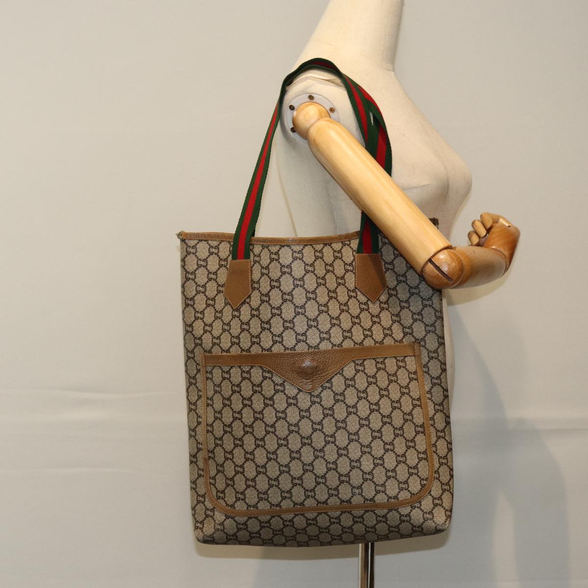 GUCCI GG Plus Supreme Web Sherry Line Tote Bag PVC Leather Beige 80181