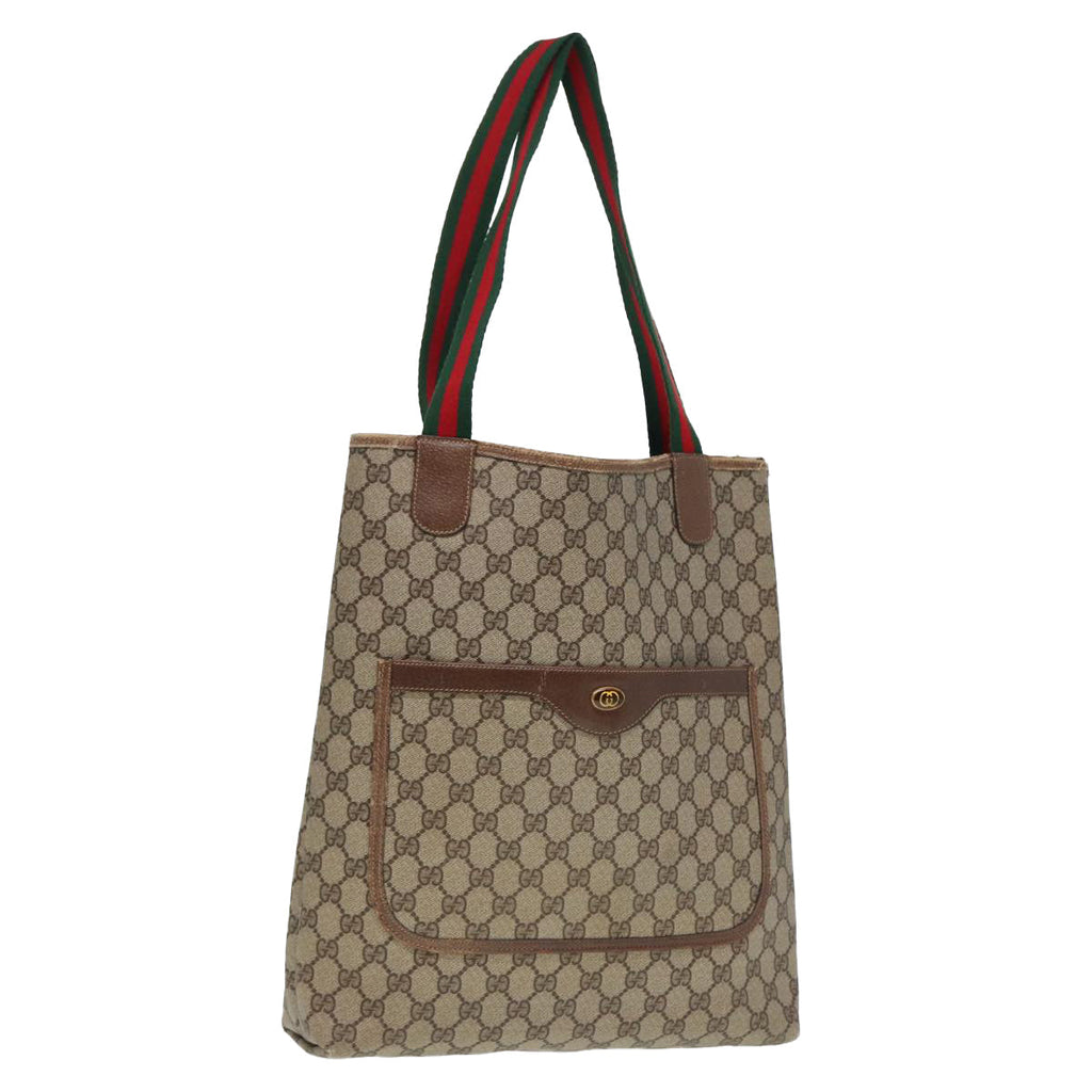 GUCCI GG Canvas Web Sherry Line Tote Bag PVC Leather Beige Green Red 80255