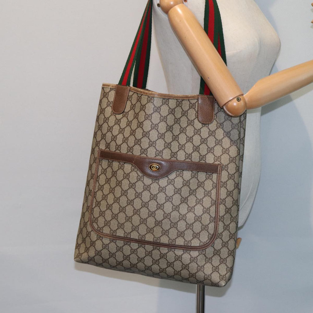 GUCCI GG Canvas Web Sherry Line Tote Bag PVC Leather Beige Green Red 80255