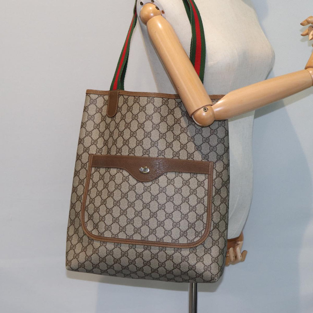 GUCCI GG Canvas Web Sherry Line Tote Bag PVC Leather Beige Green Red 80257