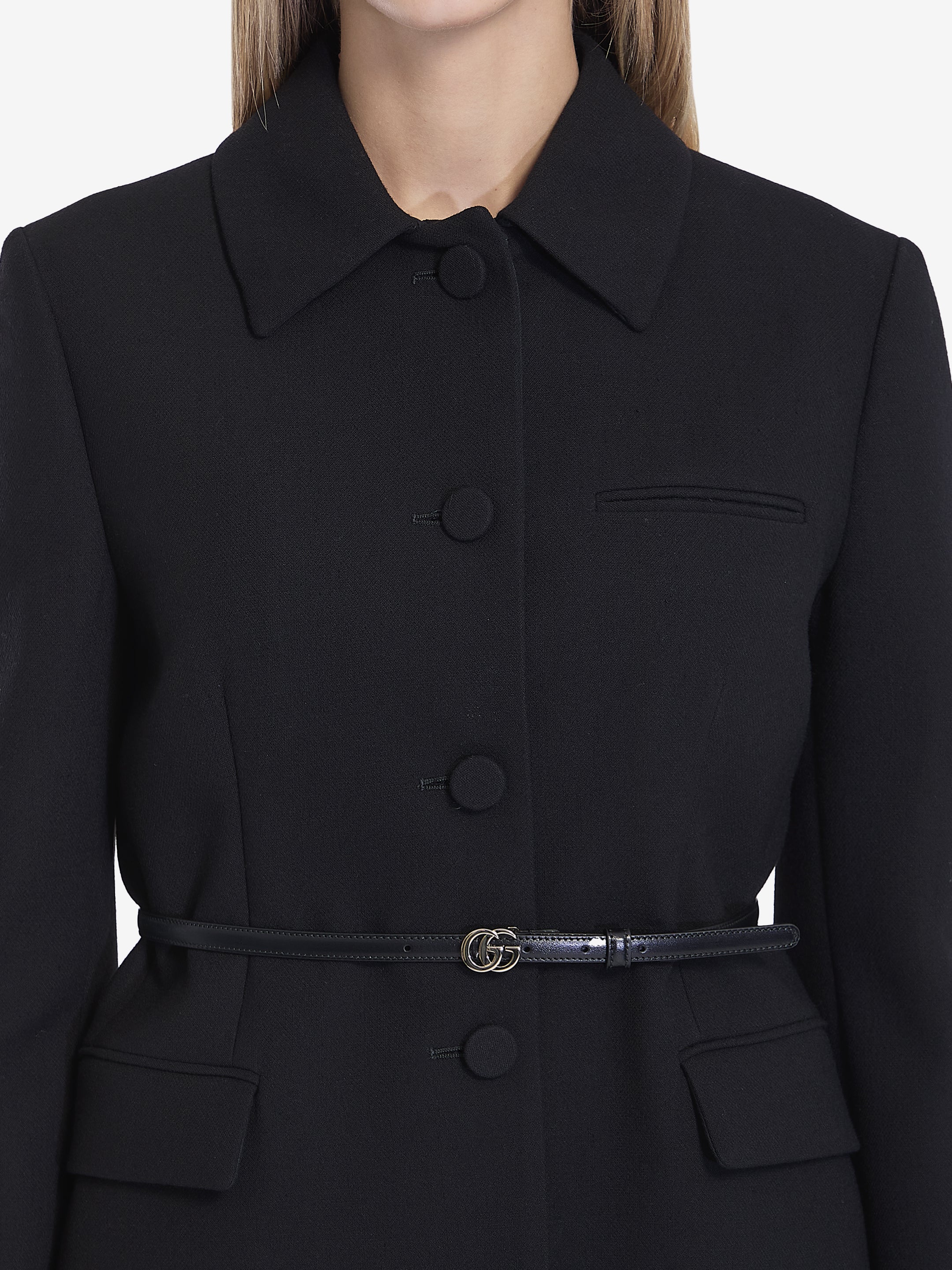 GUCCI Wool Creased Pleated Jacket with Detachable Belt - Women's Regular Fit