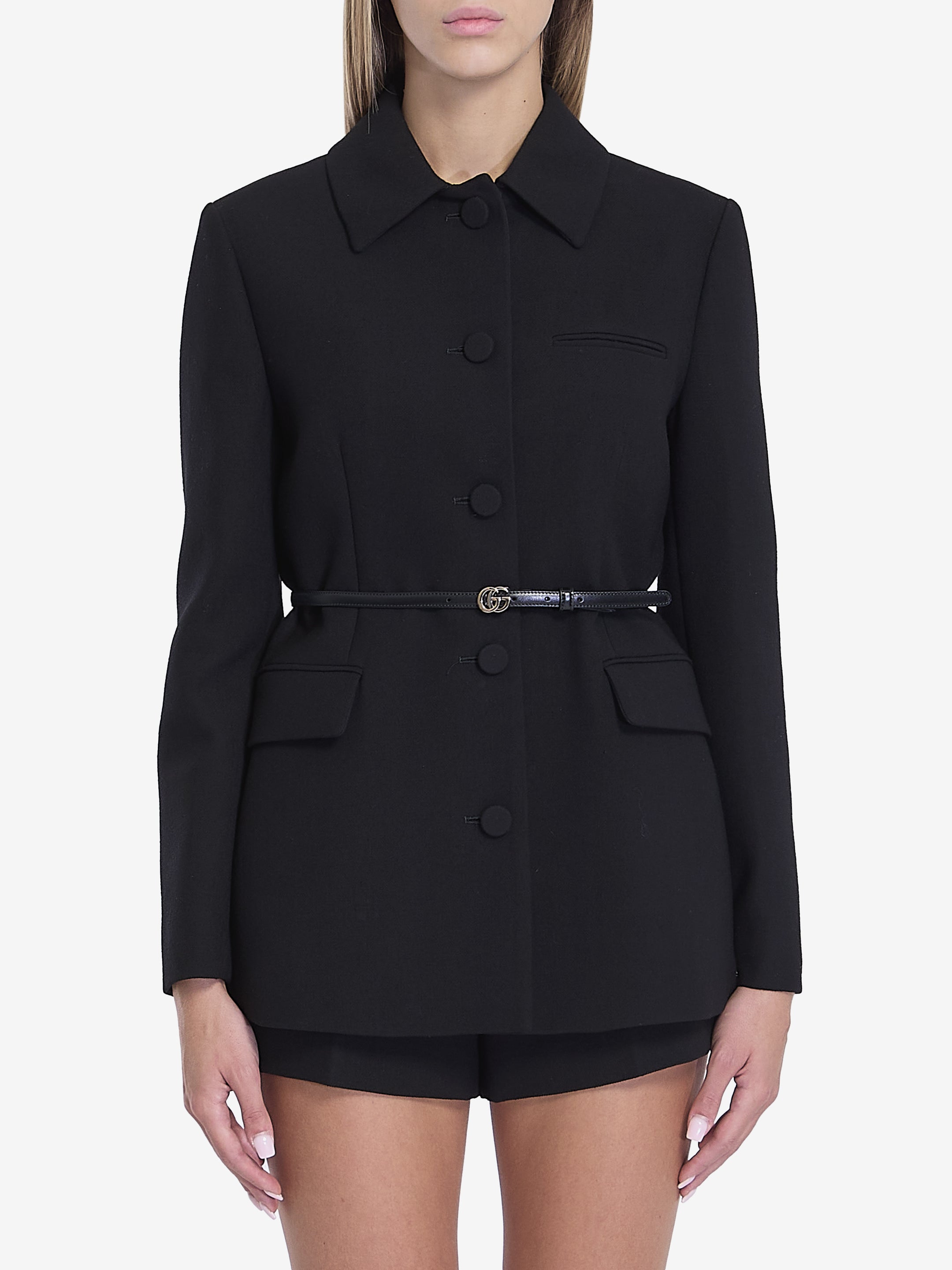 GUCCI Wool Creased Pleated Jacket with Detachable Belt - Women's Regular Fit