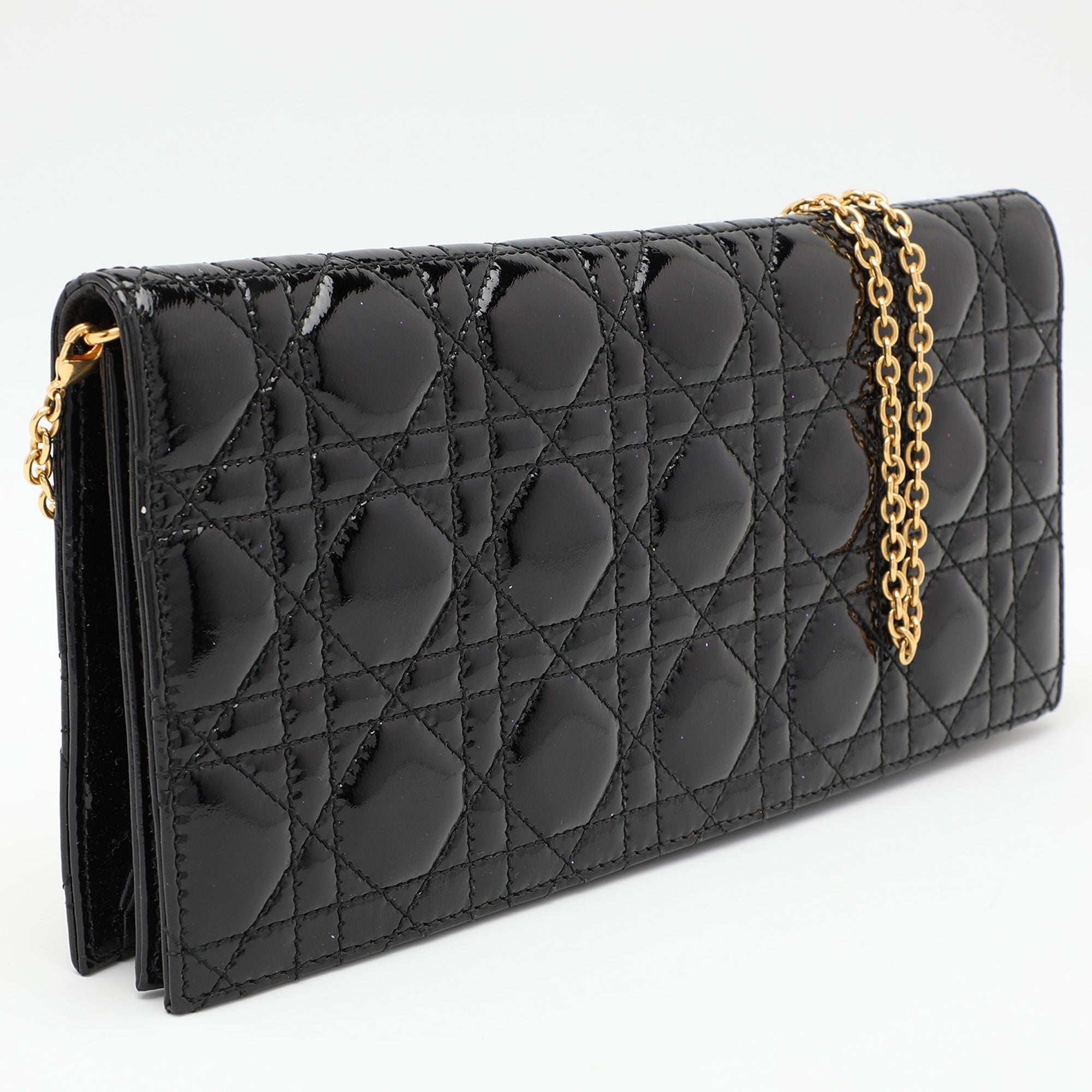 Dior Black Quilted Cannage Patent Leather Lady Dior Chain Clutch..