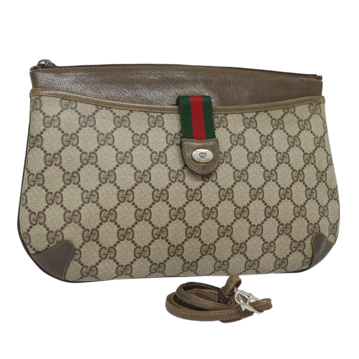 GUCCI GG Supreme Web Sherry Line Shoulder Bag PVC Beige 80683