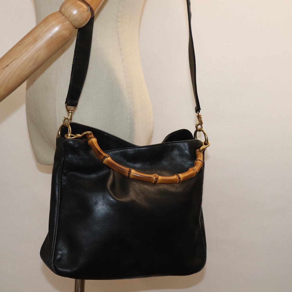 GUCCI Bamboo Shoulder Bag Leather 2way Black 001 1638 80839