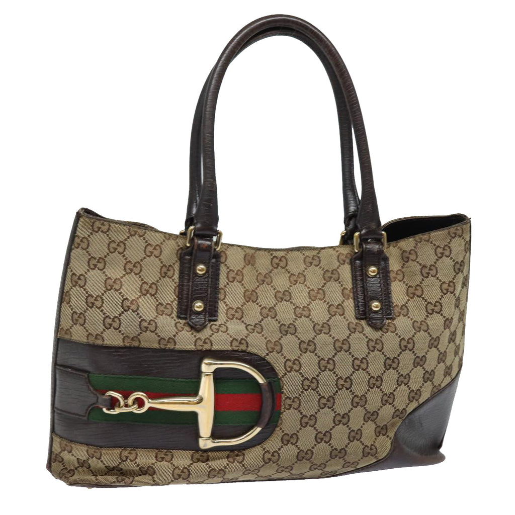GUCCI GG Canvas Web Sherry Line Horsebit Tote Bag Beige Red 137385 80847