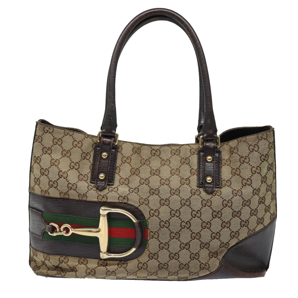 GUCCI GG Canvas Web Sherry Line Horsebit Tote Bag Beige Red 137385 80847