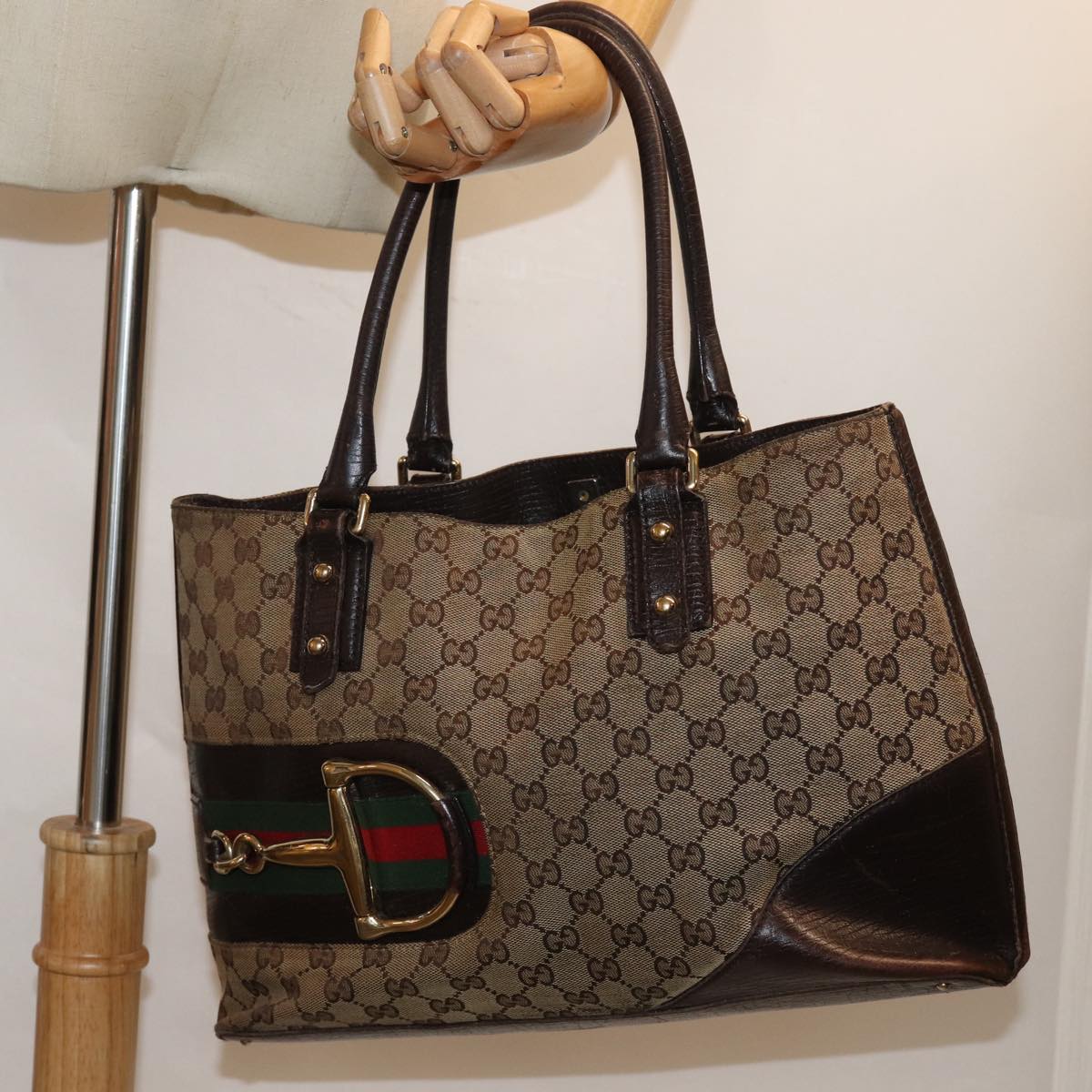 GUCCI GG Canvas Web Sherry Line Horsebit Tote Bag Beige Red 137385 80847